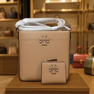 NEW Tory Burch Mcgraw Devon Sand Beige Swingpack/Crossbody Bag + Mini Wallet